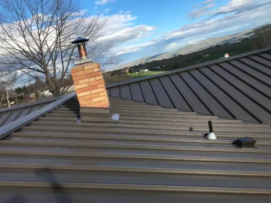Bronze standing-seam roof with a brick chimney above the valley